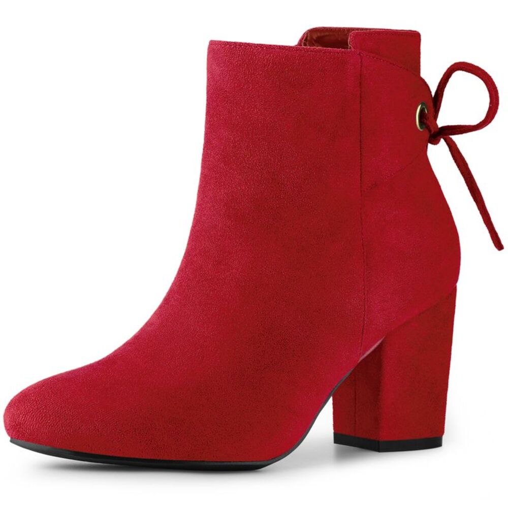 Round Toe Lace Up Chunky High Heels Red Ankle Boots for Women
